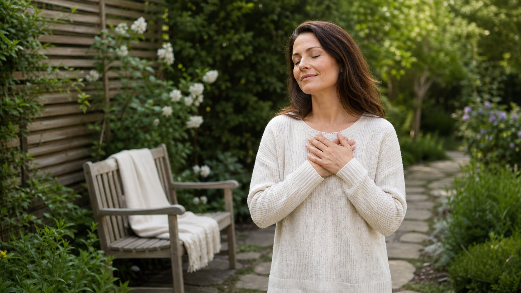 adult woman expressing appreciation plainly in a calm everyday setting.