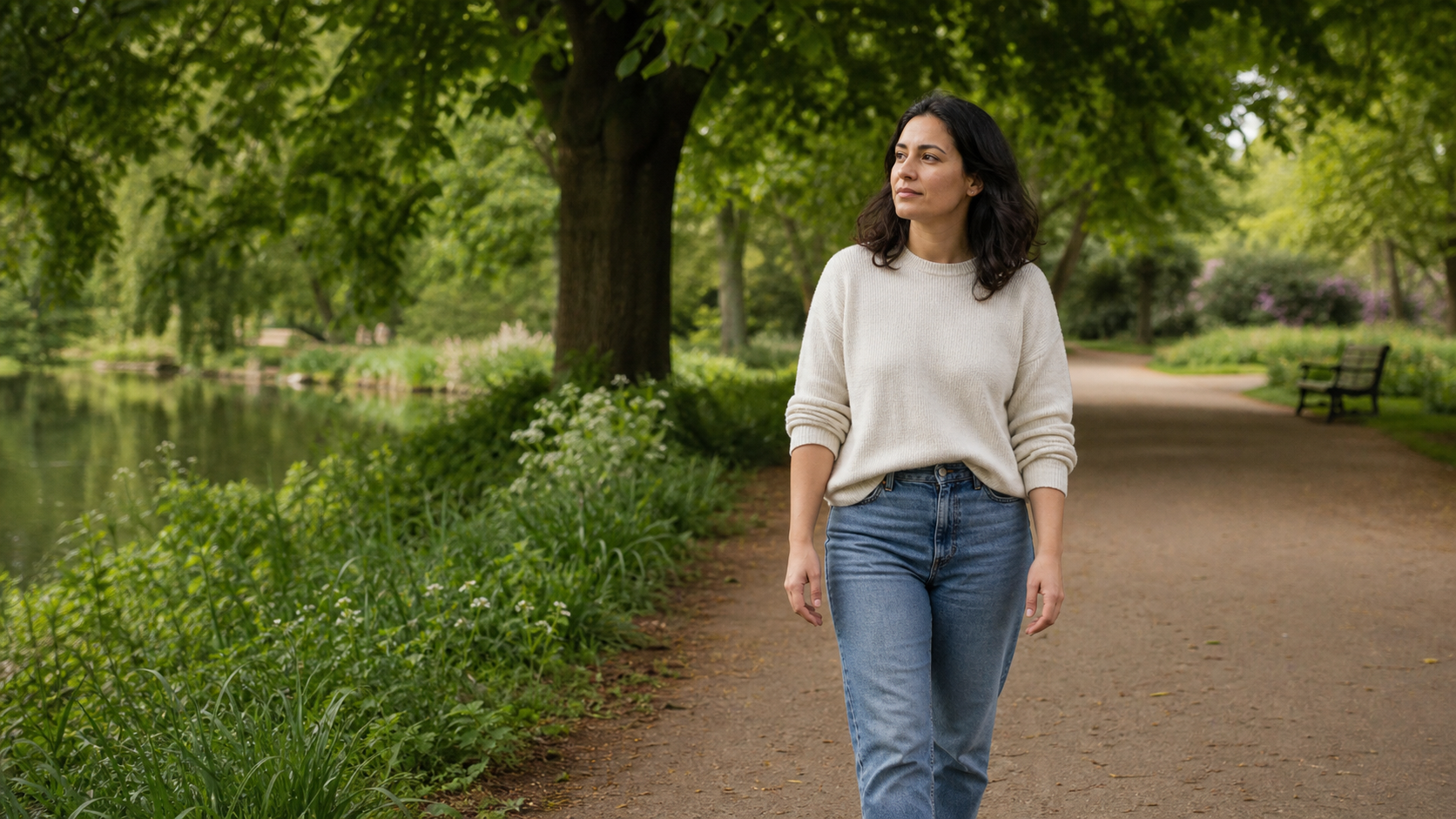 adult woman walking without a destination in a calm everyday setting.
