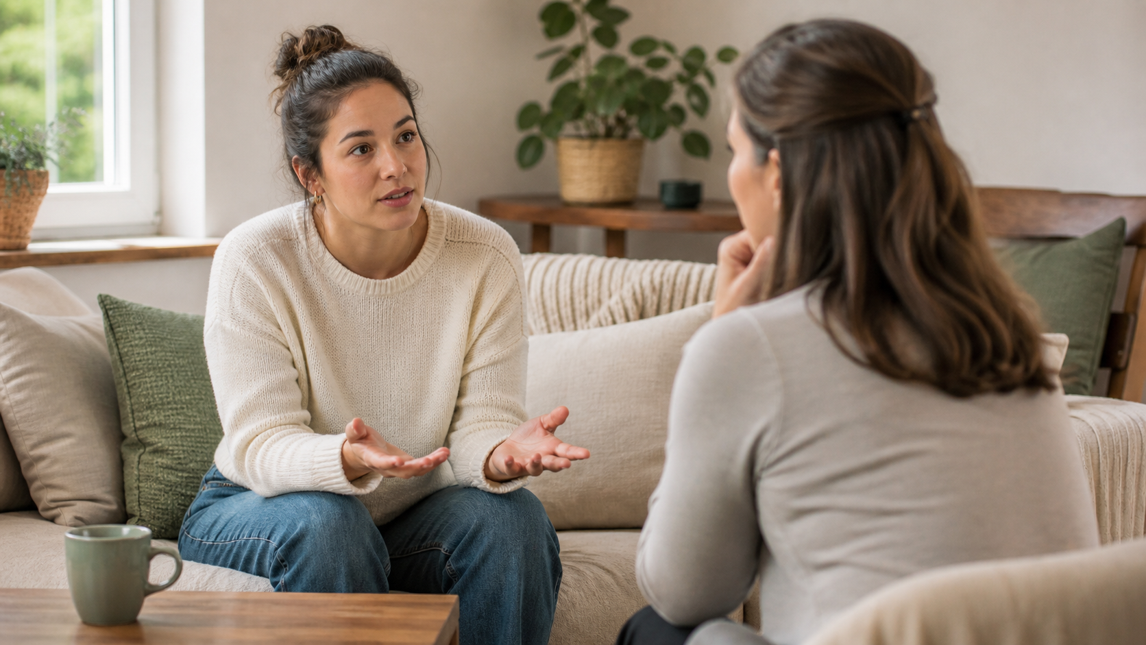 adult woman asking for feedback in a calm everyday setting.